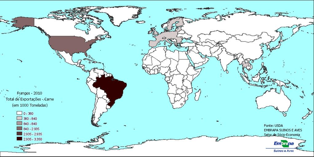 16 ANUÁRIO ESTATÍSTICO AVICULTURA Central de Inteligência da Embrapa Suínos e Aves Mapa 4. Exportação mundial de carne de frango em 2010 (1.000 toneladas) Fonte: USDA Tabela 7.