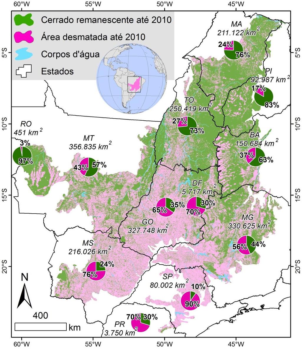 Figura 2. Área total do bioma e proporções de área desmatada e remanescente em 2010 nos estados que compõem o Cerrado.