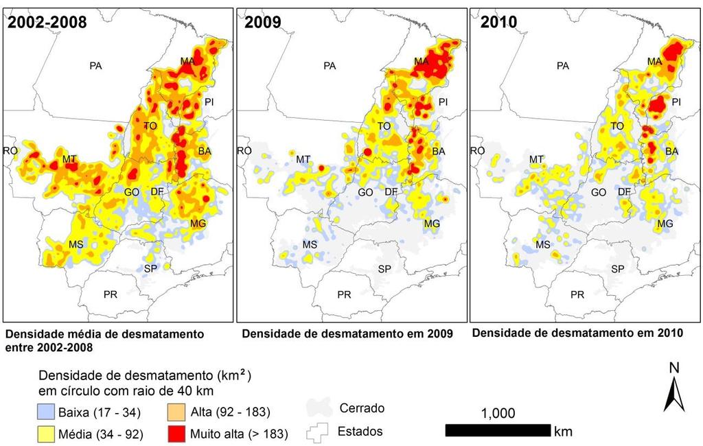 Figura 6. Densidade de desmatamento entre 2002 e 2010 no bioma Cerrado (Fonte: PMDBBS/IBAMA, 2012).