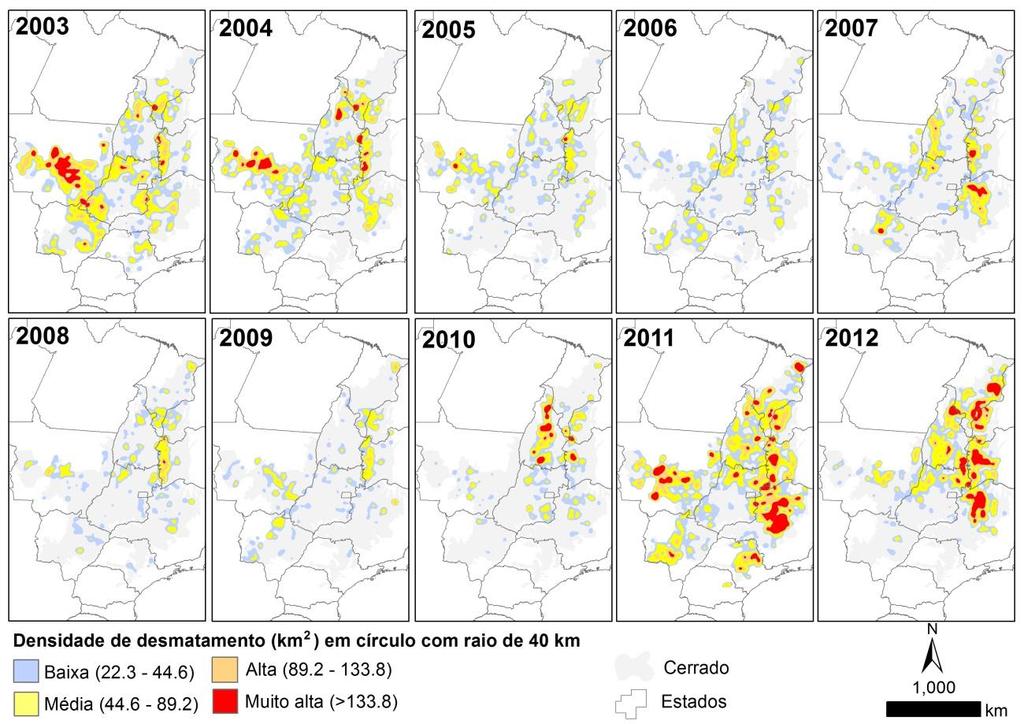 Figura 7. Densidade de desmatamento entre 2003 e 2012 no bioma Cerrado (Fonte: SIAD/LAPIG- UFG, 2013).