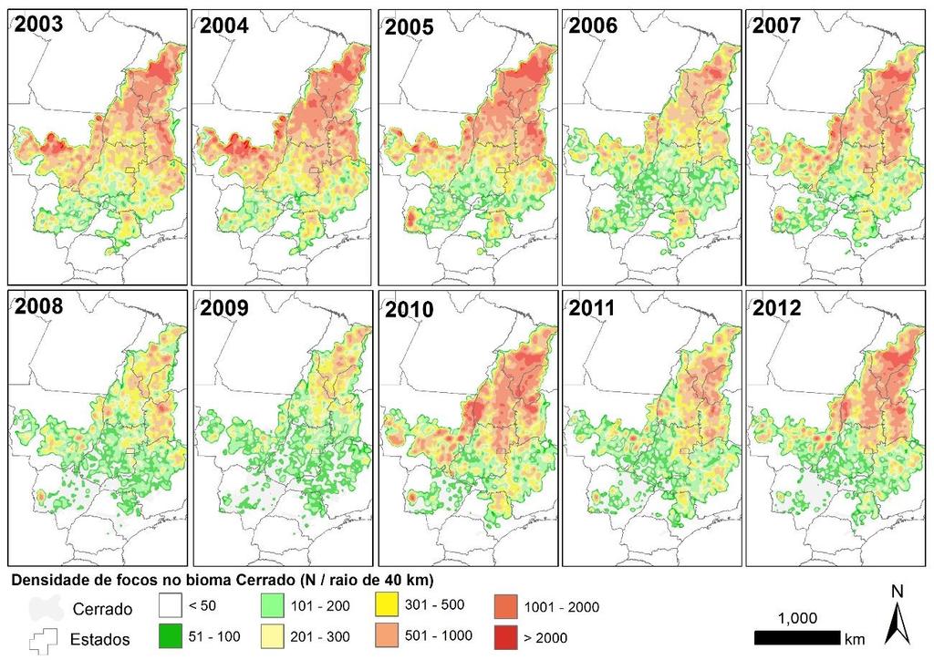 Figura 16. Variação espacial e temporal da densidade de focos de calor no bioma Cerrado entre 2003 e 2012 (Fonte: INPE, 2013).