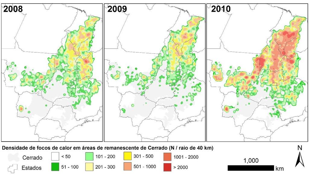Figura 17. Variação espacial e temporal da densidade de focos de calor em áreas de vegetação nativa remanescente entre 2008 e 2010 no bioma Cerrado (Fonte: INPE, 2013). 3.