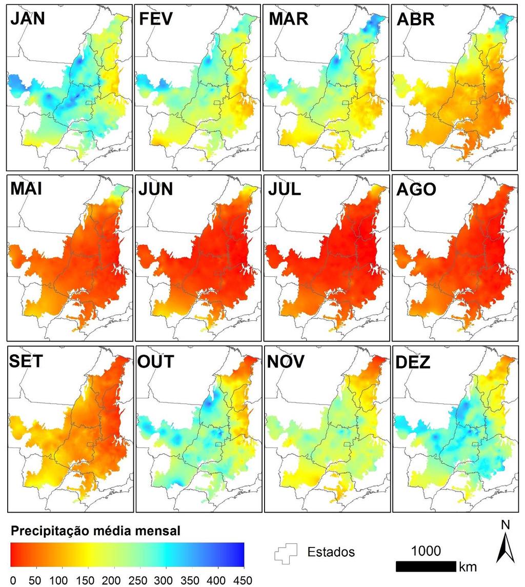 Figura 18. Variação espacial e temporal da precipitação média mensal no bioma Cerrado (Fonte: Worldclim, 2013).