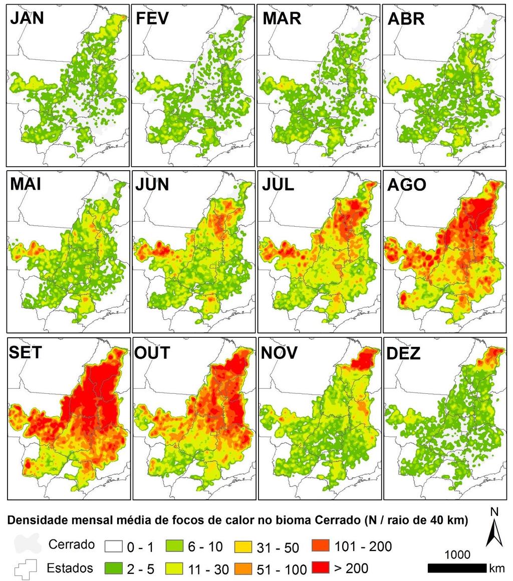 Figura 19. Variação espacial e sazonal da densidade mensal média de focos de calor no bioma Cerrado (Fonte: INPE, 2013).