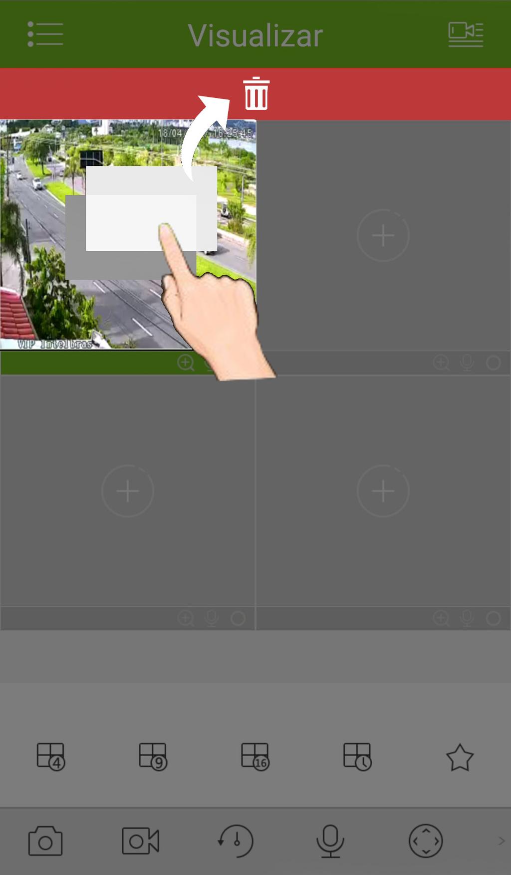 Parar visualização O Intelbras isic 6 tem 2 métodos para parar a visualização, são eles: Método 1: toque longo na tela de visualização e arraste até a para parar a visualização, demonstrado na imagem