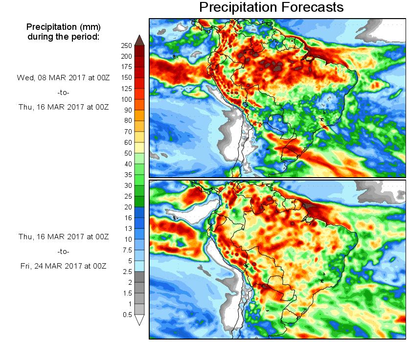 Segundo o Center for Ocean Land Atmosphere Studies - COLA, o prognóstico de precipitação para o período de 08 a 16 de março de 2017, apresenta grandes volumes sobre toda a Amazônia Legal,