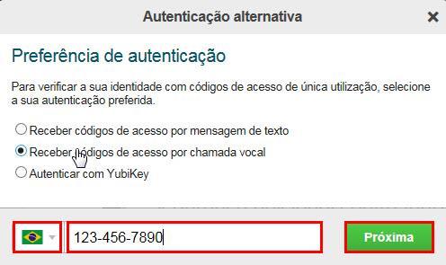 Opções de autenticação Receber códigos via SMS ou chamada por voz Se você escolher receber códigos de acesso via SMS ou chamada por voz, siga as etapas abaixo. a. Selecione Receber códigos de acesso via SMS ou Receber códigos de acesso via chamada por voz.