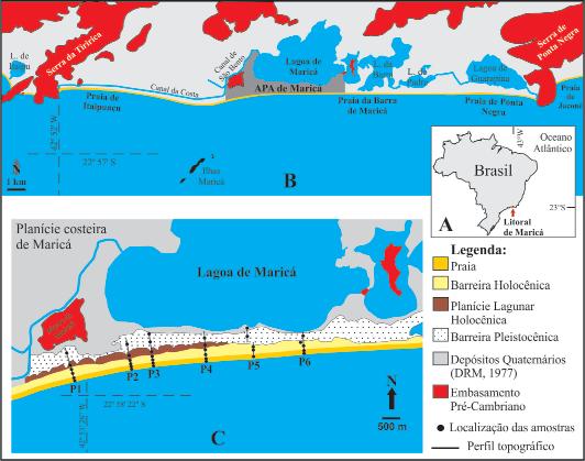 Caracterização Geomorfológica e Sedimentar da Planície Costeira de Maricá (Rio de Janeiro) Figura 1 - (A) Localização da área de estudo no estado do Rio de Janeiro, Sudeste do Brasil.