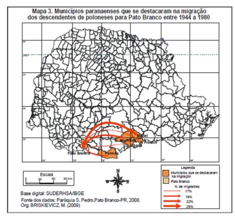 Desse modo, com a elaboração dos mapas 1, 2 e 3, podemos compreender a espacialização do fluxo migratório dos municípios gaúchos, catarinenses e paranaenses para o município