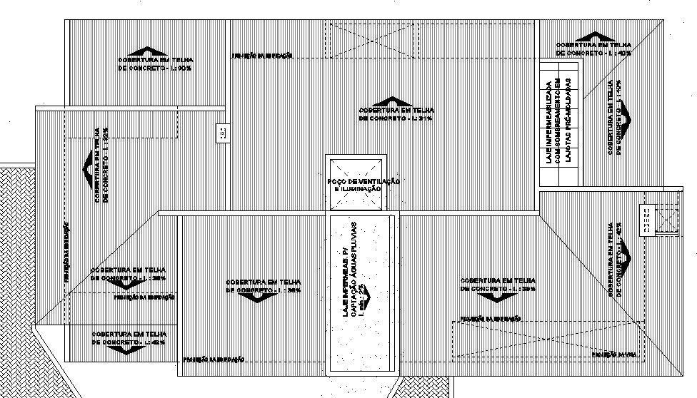 A planta de cobertura da edificação esta ilustrada na figura 10 abaixo, conta com telhas de concreto que obedecem a inclinação proposta no projeto.