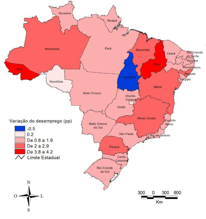 SOCIAL E TERRITORIAL de 0,5 pp, e Rondônia apresentou o pequeno crescimento neste aspecto de 0,2 pp, o estado vizinho Acre foi o que passou pelo maior crescimento proporcional do desemprego do país,