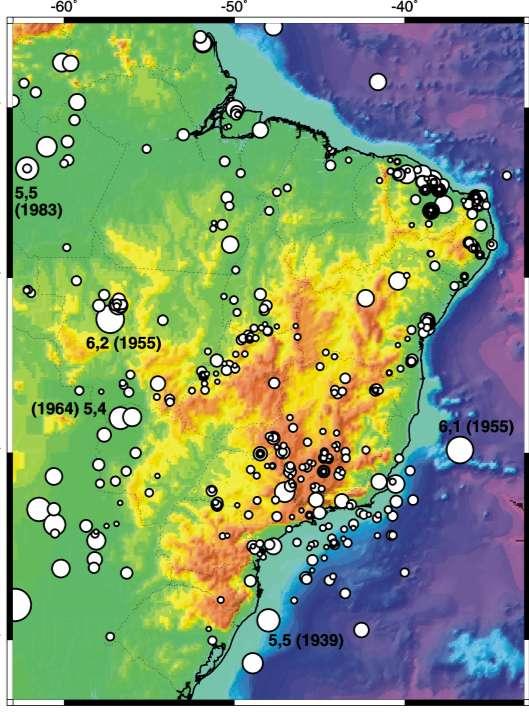 Sismos no Brasil 1700-2001; magnitudes > 3,0 Porto dos Gauchos MT Cuiabá - 1955 mb = 6.