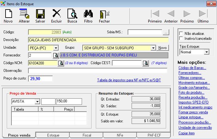 que o preço de custo corresponde a 100%. Assim o sistema gera automaticamente o valor final de venda.