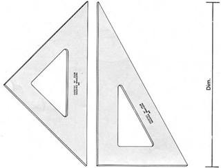 ESQUADROS: São usados em pares: um de 45º e outro de 30º / 60º. A combinação de ambos permite obter vários ângulos comuns nos desenhos, bem como traçar retas paralelas e perpendiculares.