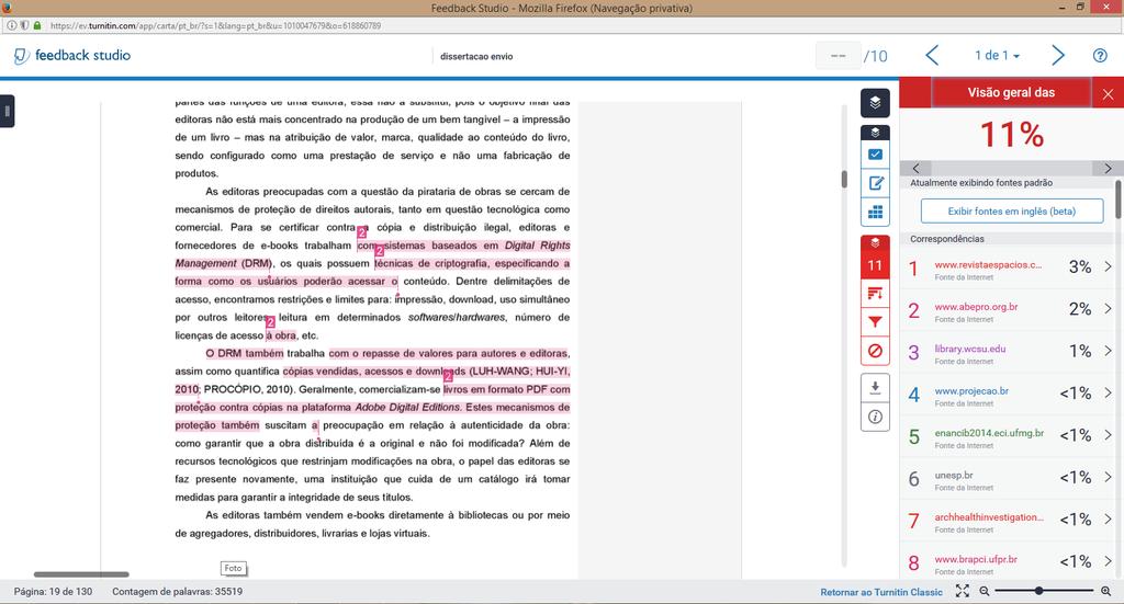 Quando o sistema encontra trechos do documento do aluno semelhante a de outros documentos e páginas da internet: