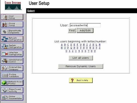 1. Na interface gráfica do usuário do ACS, clique em User Setup. 2. Datilografe o username a ser adicionado ao ACS como este exemplo de janela mostra. 3.