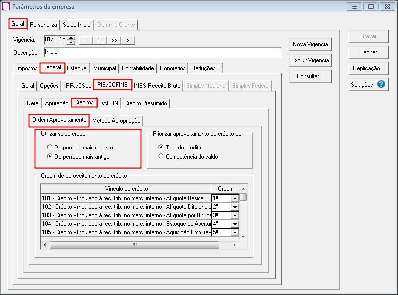 crédito mais recente para o mais antigo; Do período mais antigo O sistema irá aproveitar os créditos de competências mais antigas e posteriormente os créditos mais recentes, ou seja, do antigo para o