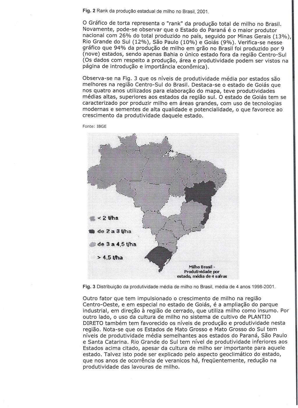 Fig. 2 Rank da produção estadual de milho no Brasil, 2001. o Gráfico de torta representa o "rank" da produção total de milho no Brasil.