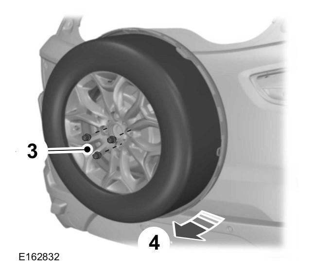 Jantes e pneus Remover uma roda 2. Puxe a cobertura exterior para fora. 3. Remova as porcas da roda e a porca de roda antirroubo. 4. Desmonte a roda sobresselente. 5.