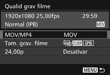 3 Definir o Tamanho de Gravação de Filme Com a opção [z4: Qualid grav filme] (o separador [z2] em <A>), pode definir o formato de gravação de filme, o tamanho de gravação