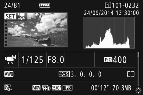 B: Visor de Informações de Disparo Exemplo de Visor de Informações de Filme Reprodução Abertura Velocidade do obturador Modo de disparo Velocidade ISO Formato de gravação de filme Tamanho de gravação