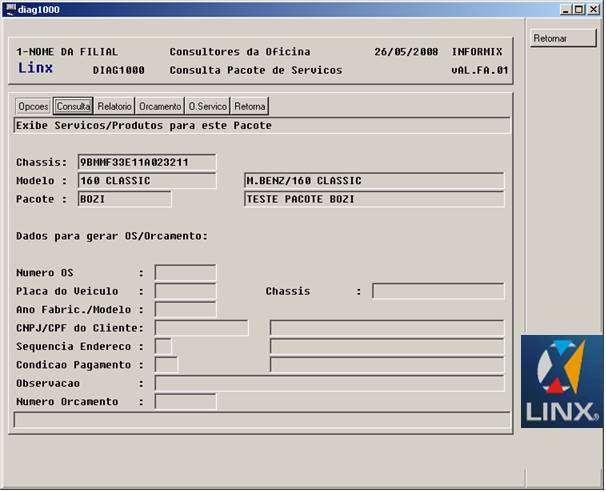 DIAG1000 - Consulta Pacote de Serviços Este programa permite que sejam visualizados e tratados os Pacotes de Serviços, previamente montados.