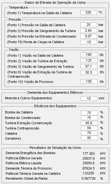 Figura 22 Simulação de Operação da Usina com Redução na Pressão da Caldeira Na Tabela 9 apresentada abaixo, podemos notar que enquanto a potência total gerada sofre uma redução