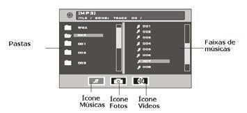 Opções de reprodução no modo CD/USB/Cartão de Memória Buscar por Pasta Durante o modo de reprodução de música, acesse o menu principal e pressione os botões direcionais /, / no controle remote para
