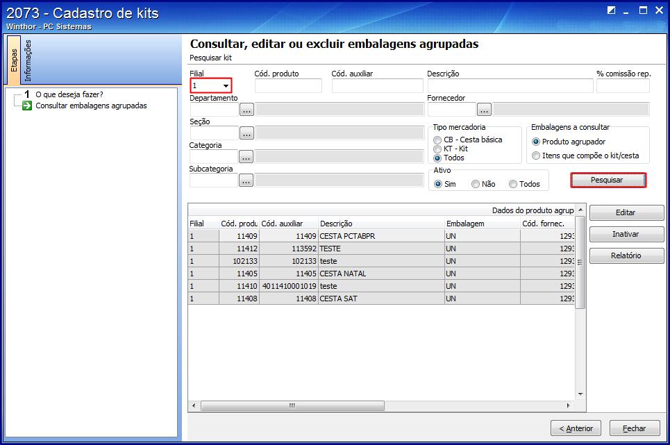 4.2 Selecione o produto agrupador em Dados do produto agrupador (Cesta ou Kit); 4.