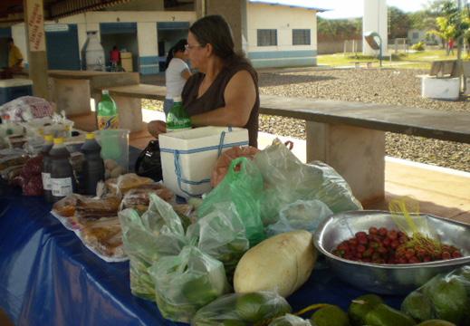 Foto 28. A comercialização de produtos dos sítios orgânicos em feira na cidade de Glória de Dourados-MS. Autoria: MORETTI, S.A.L. Agosto 2009.