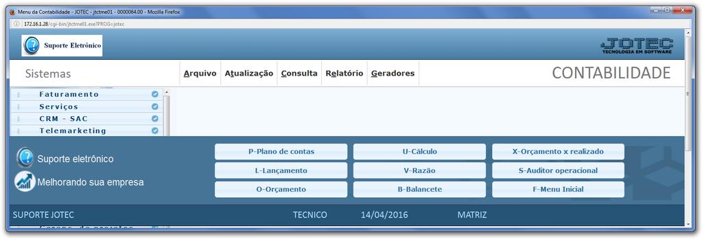 5. Cadastro de contas contábeis: Acesse: Contabilidade > Plano de contas: Será aberta a seguinte tela: