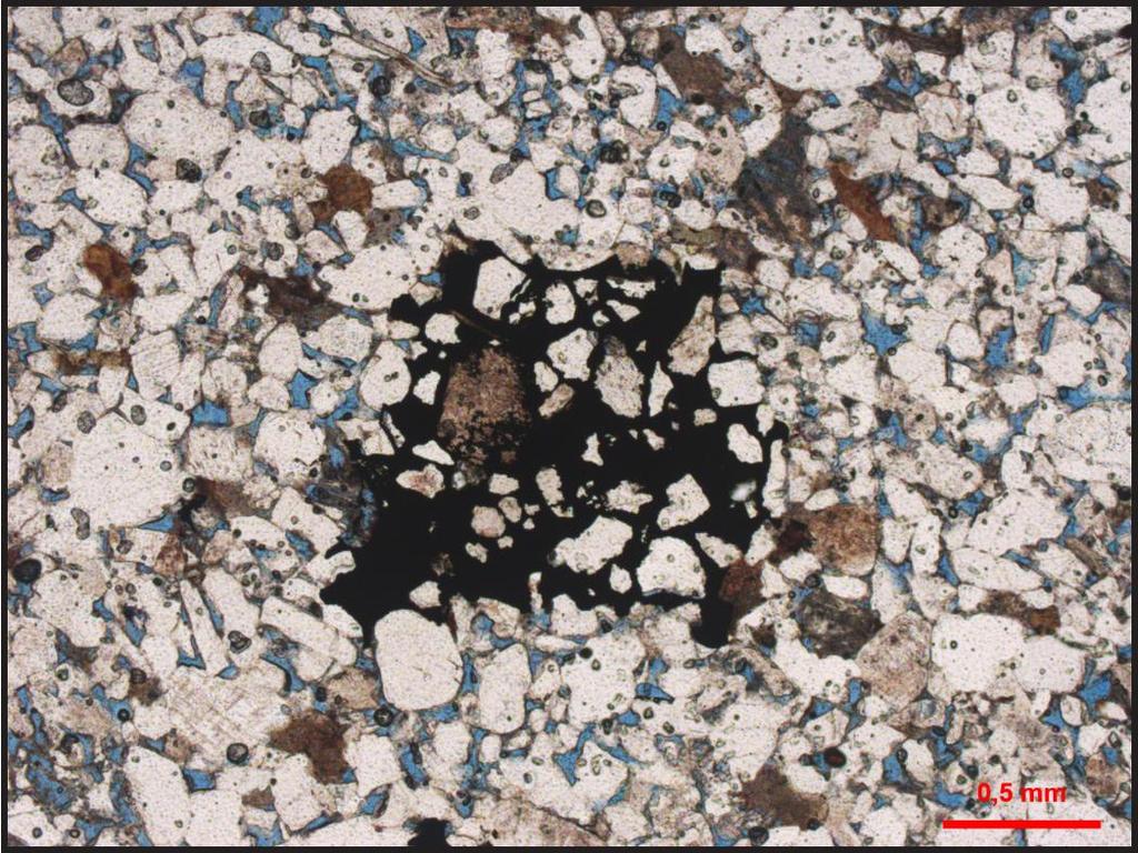 47 Figura 30. Pirita macrocristalina preenchendo poros intergranulares e substituindo nãoseletivamente os constituintes primários. (XP). 5.3.11 Minerais de titânio Os minerais diagenéticos de titânio ocorrem com hábito microcristalino e blocoso, substituindo principalmente minerais pesados (méd.