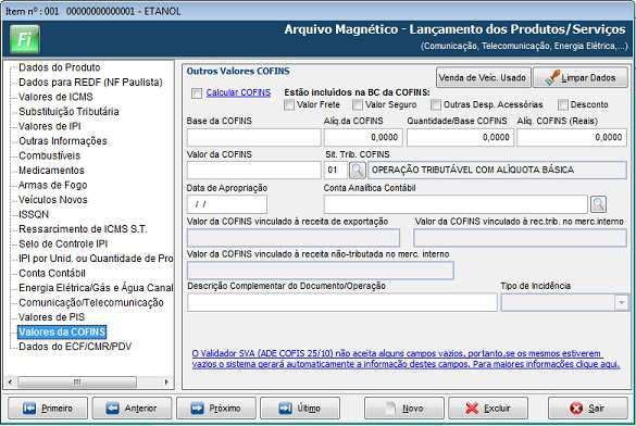 Entradas e Saídas Botão Lançamento de Produtos - Serviços/ Valores da COFINS Grupo