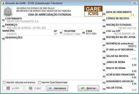 Impressão de Impostos Menu Impressos / GuIa de Recolhimento ICMS/GARE Impressão de Impostos Menu Impressos / GuIa de