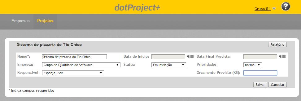 Criar um projeto Informar o nome do projeto, e a organização. Selecionar o status do projeto Em Iniciação.