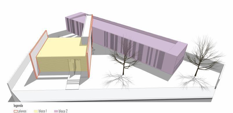 Sua matriz compositiva é ambígua, pois a natureza volumétrica é tensionada pela laje de piso prolongada e pelas duas altas empenas de concreto, sugerindo uma composição planar.