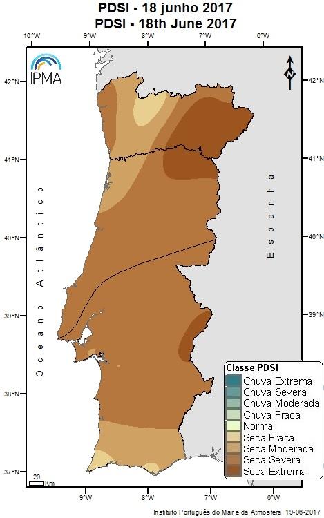 Índice de Seca PDSI De acordo com o índice meteorológico de seca PDSI 1, a 18 de junho mantém-se a situação de seca meteorológica em Portugal Continental, verificando-se, em relação a 31 de maio, um