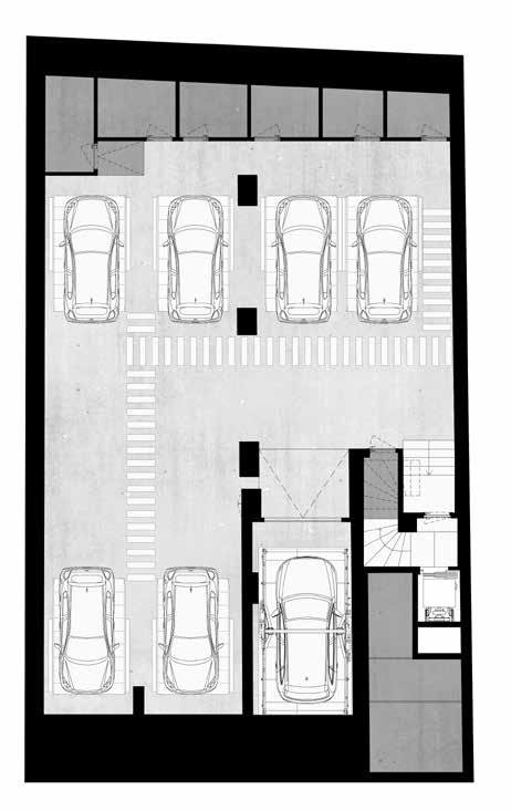 Garagens Terraço 1 Elevador monta-carros 2 Estacionamento Piso 2 1 Piscina [9x3m] 2 Deck [22,6m 2 ] 3 Circulação [5,4m 2 ] 4 Balneário M [3,5m 2 ] 5 Balneário F [3,5m 2 ] 6 Sala Multiusos [13,8m 2 ]