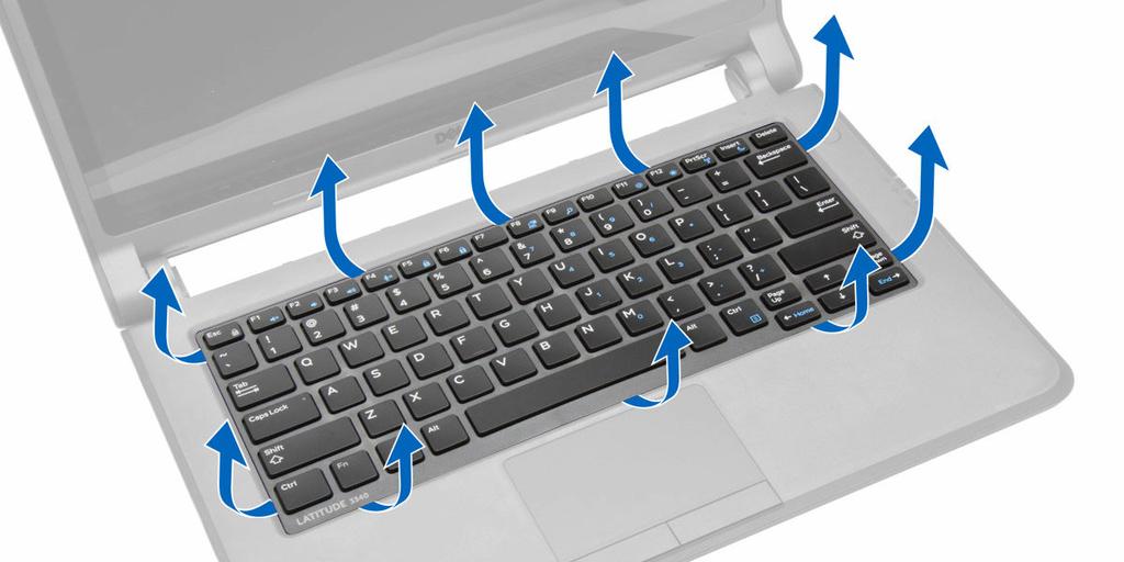 3. Retire a borda do teclado do computador. Instalar a borda do teclado 1. Alinhe a borda do teclado no lugar. 2. Prima as laterais da borda do teclado até ele encaixar no lugar. 3.