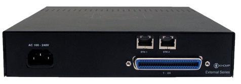 2.1.5 EBS FXO HI ( External Board Series) Características - 12 ou 24 interfaces de linha analógica - 2 portas Ethernet para conexão com o Servidor - Comutação plena entre todos os canais e entre
