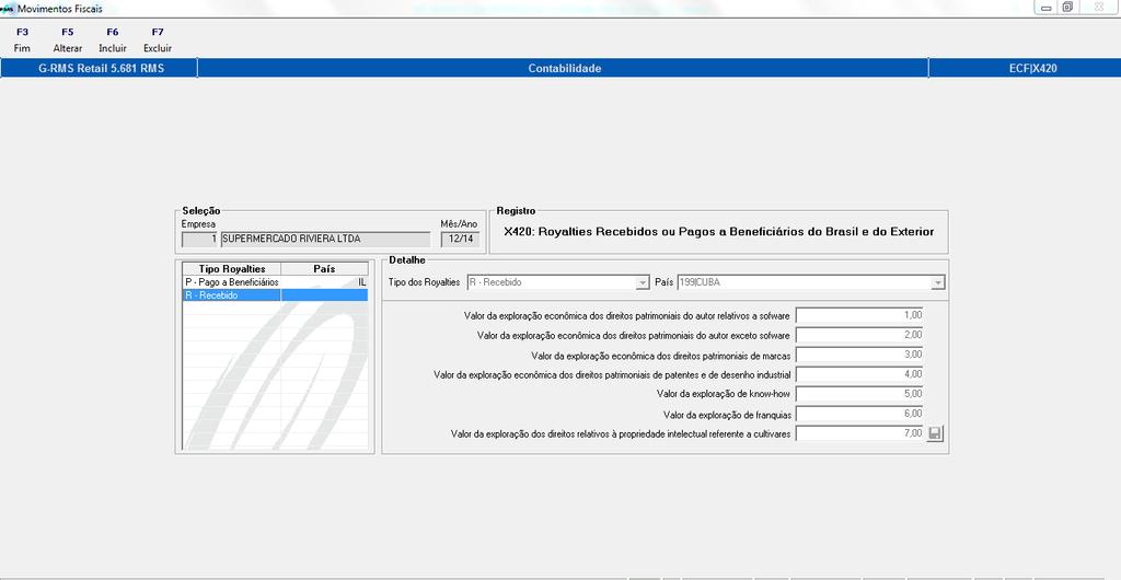 Registro X420 Royalties Recebidos ou Pagos