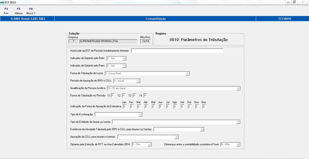 O VCTMUSUA, opção F6 ECF 0010, oferece acesso à manutenção de parâmetros do registro 0010,