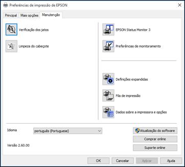 Você vê a janela de configurações de impressão. 3. Clique na guia Manutenção. Você vê as opções de manutenção: 4. Selecione o idioma que deseja usar como a configuração de Idioma. 5.