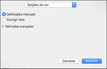 1. Selecione Compatibilidade de Cor no menu suspenso na janela de impressão. 2. Selecione uma das opções disponíveis. 3. Selecione Opções de cor no menu suspenso na janela de impressão.