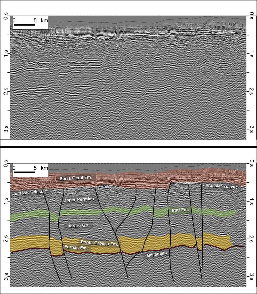 Com o intuito de se determinar a possível coluna estratigráfica paleozóica/mesozóica subjacente à Bacia de Santos, interpretamos e analisamos seções sísmicas típicas da Bacia do Paraná.