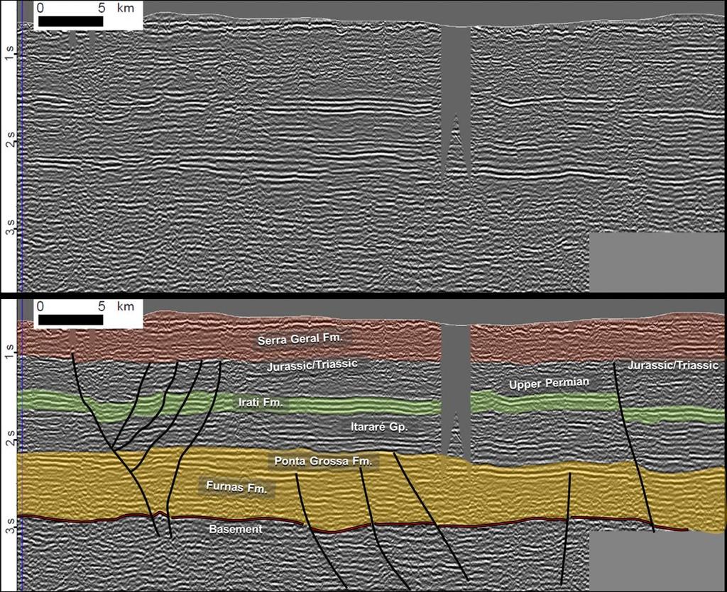 Figure 4 Seção sísmica 2D típica da Bacia do Paraná (TWT), não-interpretada e interpretada. Três seções são marcadamente refletivas.