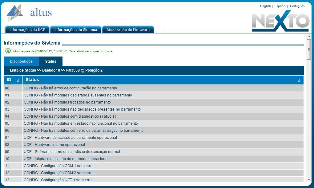 7. Manutenção Figura 7-5. Estado do Sistema Além disso, o usuário pode optar por três opções de idioma: Português, Inglês e Espanhol. Basta alterar o menu superior direito para o idioma desejado.