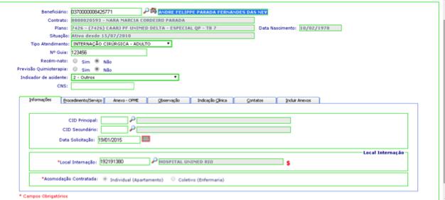 Será exibida tela (formulário) para preenchimento dos dados do pedido de internação.