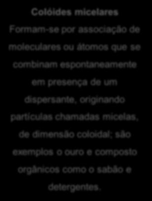 partículas chamadas micelas, de dimensão coloidal; são exemplos o ouro e composto orgânicos como o sabão e detergentes.