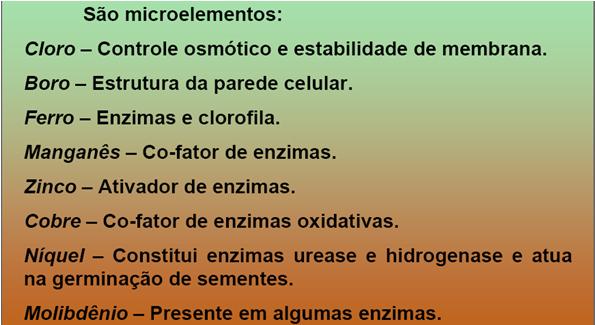 Também denominados de elementos traços. Ocorrem mais ou menos constantemente em plantas e animais em baixas concentrações, geralmente nas faixas de 10-6 a 10-12 por grama de tecido úmido.